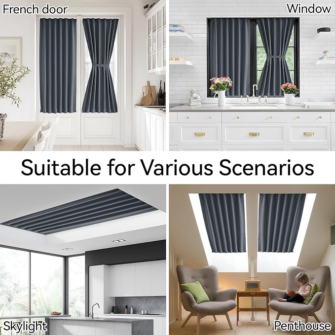 Vatge Gray Privacy French Door Curtain - Thermal Insulated Self Adhesive Blackout Door Curtains with Tieback, 1 Panel, W25 x L72, Grey