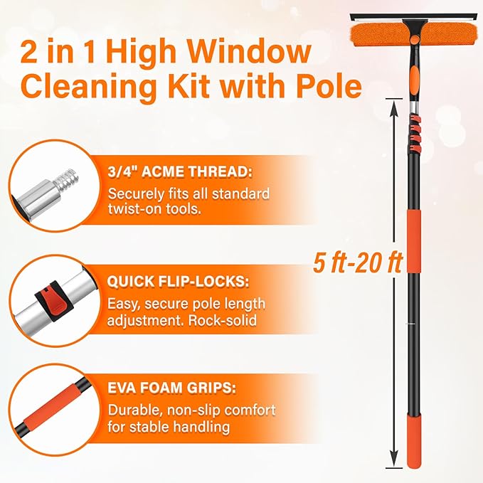 14" Extra-Wide Window Squeegee with Extension Pole, 26FT High Reach Window Cleaning Kit with- 2-in-1 Professional Window Scrubber & 5-20FT Extension Pole, for Indoor & Outdoor High Windows,RVs