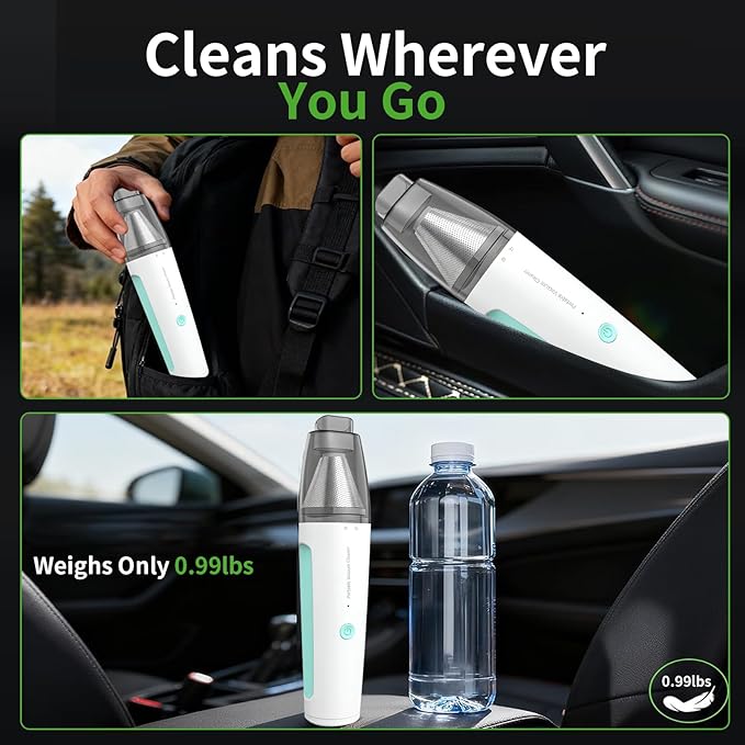 Car Vacuum, Handheld Vacuum Cordless 20000Pa Suction with 2 Suction Modes, 2-in-1 Portable Mini Car Vacuum Cleaner Cordless Vacuum Rechargeable Type-C Charge for Car, Desk, Keyboards（Green