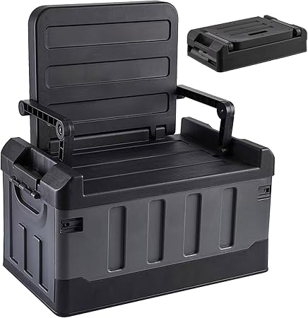60L Foldable Seatable Camp Box Storage Bins w/Lids Trunk Organizer(Black)