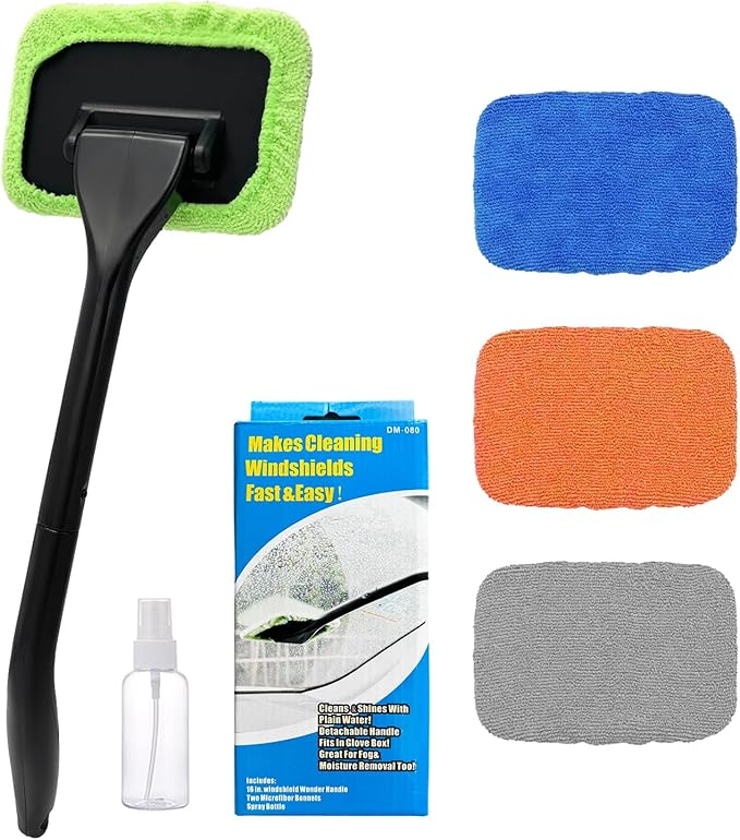 Ohleats Car Windshield Cleaning Tool, Microfiber Window Cleaner with 4 Washable and Reusable Cloth Pad & Long Handle, Auto Glass Wiper Cleaning Kit with Spray Bottle, Car Accessories