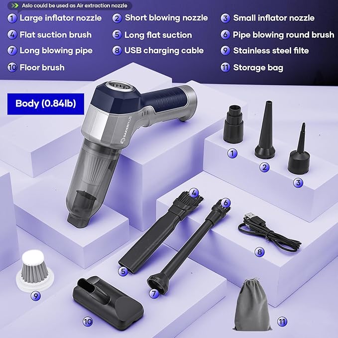 SakerPlus Mini Vacuum Cleaner, 3 in 1 Car Vacuum Cleaner High Power, 15000PA Powerful Suction, Air Duster, 7500mAh, Dual Filter,Adjustable Small Vaccum Portable Cordless for Cars,Desktop - Deep Blue