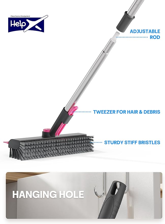 Floor Scrub Brush with Long Handle, 3 in 1 Multi-angle Swivel Right Angled Bristle Floor Scrubber Brush with Squeegee and Tweezer for Tile Wall Deck Bathroom Patio Garage Kitchen (Pink and Grey)