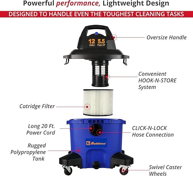 Koblenz WD-12 L4 Wet Dry Vacuum Cleaner, 12 Gallon 5.5 PHP, 3-in-1 Suction & Blower, 32 ft Reach, Drain Plug, Large Vacuum Cleaner for Car, Shop Vacuum Wet and Dry, Click-N-Lock Hose, Blue/Black