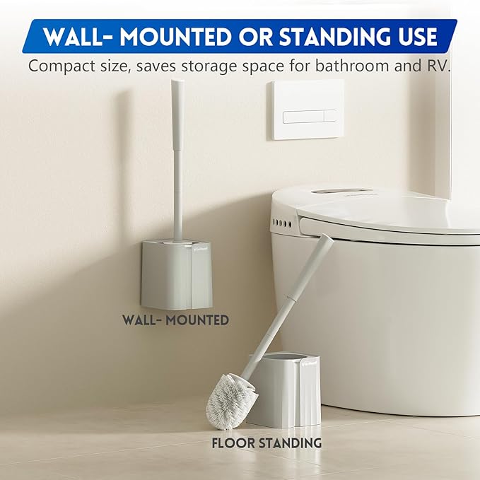 Y-in Hand Toilet Brush, Toilet Bowl Cleaners Brush with Hidden Holder, Long Handle, Durable PP Bristles, Modern RV Bathroom Accessories, Deep Cleaning, Wall mountable. - Grey