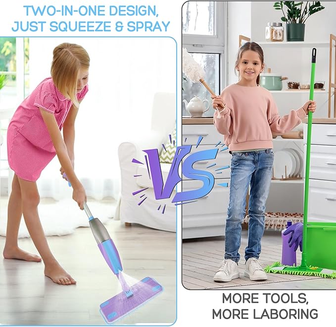 Kids Spray Mop, Real Working Toddler Cleaning Set with Water Sprayer & 2 Washable Mop Pads & Scraper, Pretend Play Montessori Housekeeping Toys Gifts for Toddlers Kids Girls Boys (Blue&Purple)