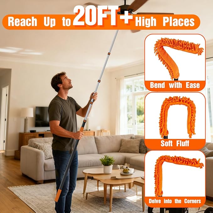 SISUPASSIE 26FT Reach Duster Cleaner Kit, Dusters for Cleaning with Extension Pole, Baseboard & Wall and Window Cleaner Mop for Fan Blades, High Ceiling and Cobweb