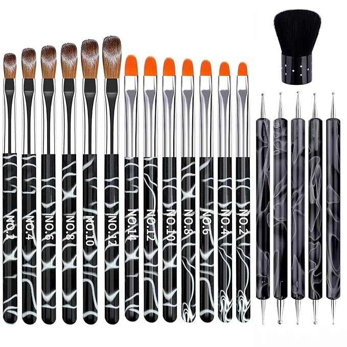 19Pcs Black Nail Art Brush Set, Nail Brushes Kit with Acrylic Nail Brush, Gel Polish Brushes, Dotting Tools, Nail Dust Brush, Manicure Tool for Acrylic Powder Application, Sculpting & Cleaning