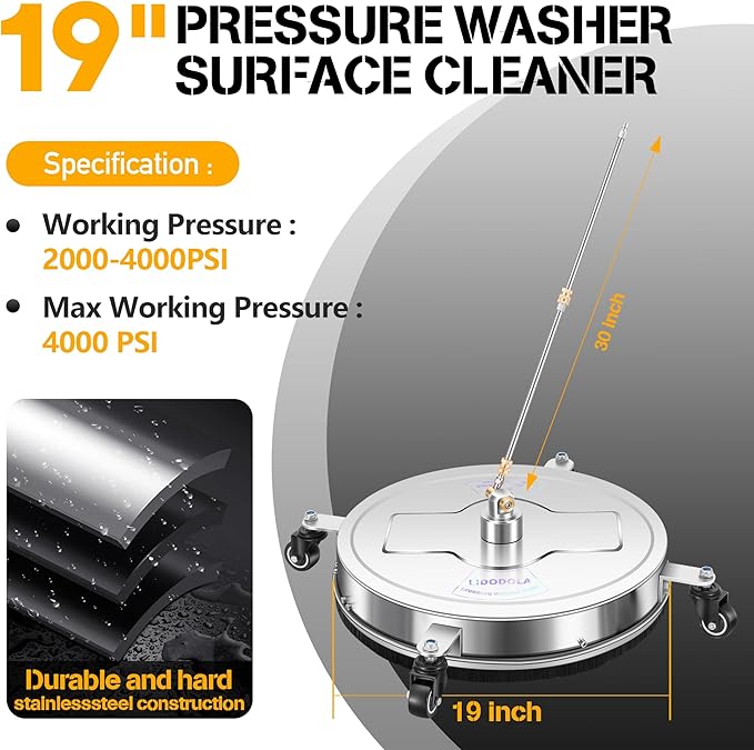 19" Pressure Washer Surface Cleaner with 4 Wheels - Stainless Steel Surface Cleaner for Pressure Washer Attachment for Concrete, Patio, Sidewalk, Deck, Driveways and Daily Washing - PWS 19