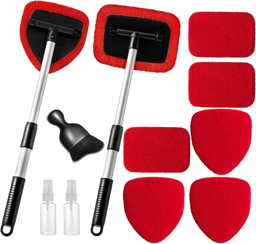 Qydipclin 11pcs Windshield Cleaner Tool, Car Window Cleaning Wash Kit with 6 Reusable Microfiber Pads 2 Spray Bottles an