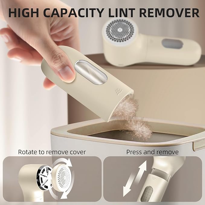 Buywoo Fabric Shaver, Electric Lint Remover, Rechargeable Lint Shaver, Household Essentials for Clothes, Upholstery, Furniture, Sweater Defuzzer to Remove Pilling, Battery Operated, Beige