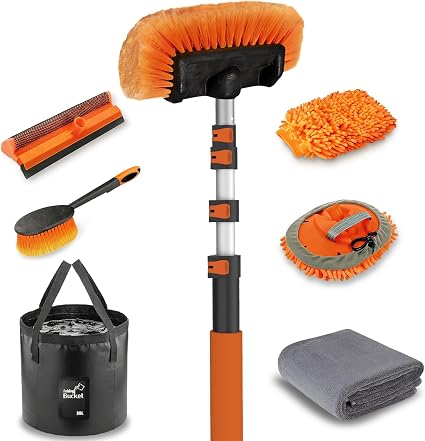 LAANPOLE 20FT Car Wash Brush with Long Handle, Car Cleaning Kit with Soft Bristle Wash Brush, Microfiber Cleaning Mop, W