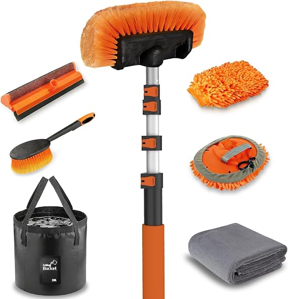 LAANPOLE 20FT Car Wash Brush with Long Handle, Car Cleaning Kit with Soft Bristle Wash Brush, Microfiber Cleaning Mop, W