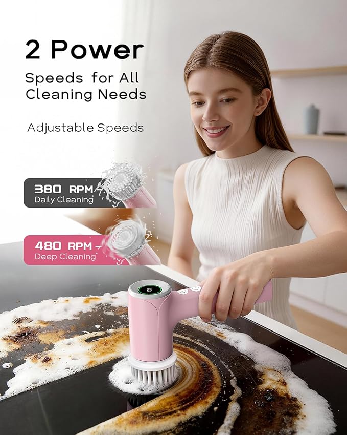 PUFTEM Electric Spin Scrubber for Bathroom Cleaning, Cordless Shower Scrubber with 6 Brush Heads, Dual-Direction Rotation, Handheld Cleaning Brush for Grout, Tile, Tub, Sink & Corners, Pink