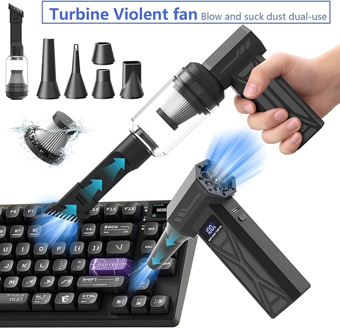 Compressed Air Duster ，2-in-1 Duster and Vacuum Cleaner, 110000RPM Super Power Electric Air Duster, 4-Gear Adjustable Mini Blower, Dust Blower for Computer, Keyboard, House, pet，Outdoor and Car