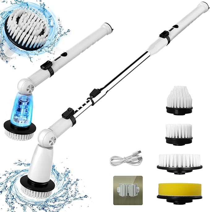 Electric Spin Scrubber, Upgraded Bathroom Cleaner, Power Shower Cleaning Brush with Extendable Handle & 4 Brush Heads, Dual Speed & USB-C Charging, Shower Scrubber for Bathtub, Tile, and Floor