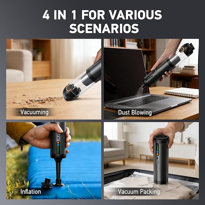 Car Vacuum Portable Cordless,18000Pa 4in1 Portable Handheld Cleaner Vacuum &Air Duster 2 Suction Modes Power Blowing&Inflating, Brushless Motor Vacuum with Multi Nozzles for Car,Keyboards, Office,Pet
