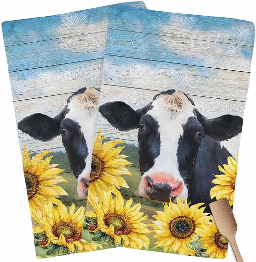 Kitchen Dish Towels and Dishcloths Sets, Rural Oil Painting Cow with Sunflower 18 X 28 Inches Absorbent Hand Towels Dish