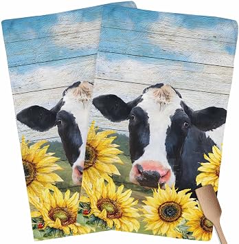 Kitchen Dish Towels and Dishcloths Sets, Rural Oil Painting Cow with Sunflower 18 X 28 Inches Absorbent Hand Towels Dish