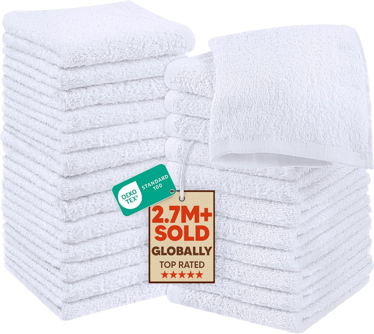 24 Pack Washcloths, 12x12 in, 100% Cotton, White