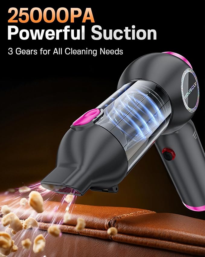 houscly Handheld Car Vacuum Portable Cordless 25000Pa High Power Small Mini Hand Vacuum Rechargeable 4-in-1 Wireless Handheld Vac for Car Office Desktop Home Cleaning Ideal Gifts for Men & Women