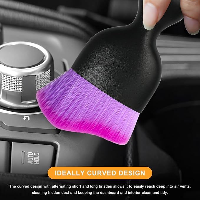 2 PCS Car Interior Detailing Brush, Curved Car Interior Cleaning Brush with Ultra Soft Bristles & Dust Cover, Scratch-Free Auto Dusting Brushes for Dashboard AC Vent Leather (Purple)