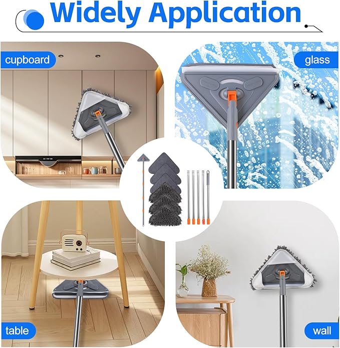Wall Mop with 80 Inches Long Handle, Wall Cleaner Mop Tool for Window/Walls/Ceiling Fans/Dust/Baseboard/Floors Clean, 360° Ceilings Cleaner Tool Duster with Squeegee 6 Replacement Pads