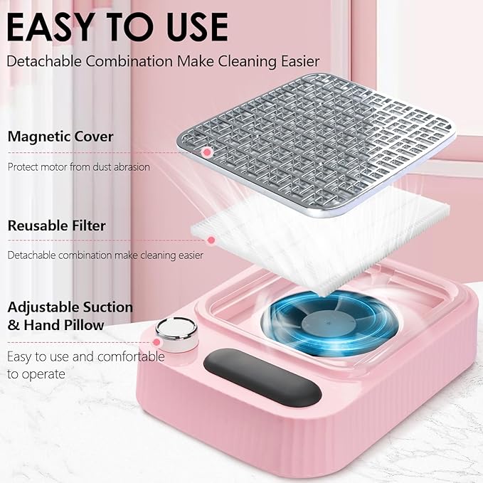 Pink Nail Dust Collector with Reusable Filter for Acrylic Gel Nails, Power Nail Vacuum Cleaner Dust Catcher Adjustable Dust Sucker for Nails Manicure Pedicure at Home Nail Salons