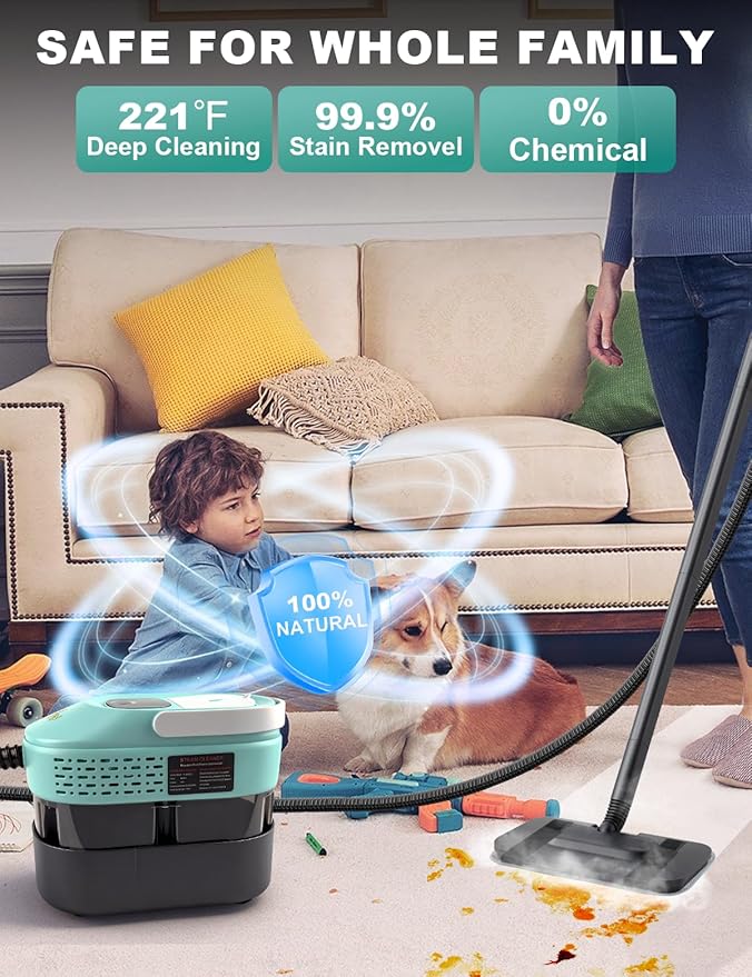 Steam Mop, 19 in 1 Detachable Steam Cleaner, 54OZ Tank, 10S Heat-up, Pressurized Deep Cleaning Steamer, 3-Level Temp & 221°F for Floors, Carpets, Tiles, BBQ grill, Car, Window (MINT GREEN)