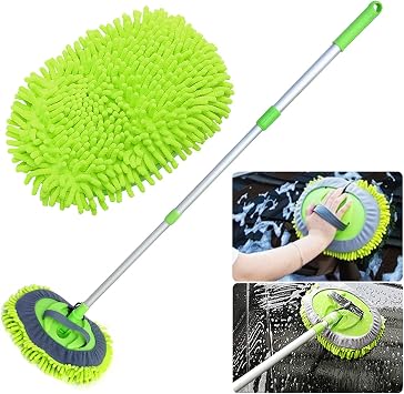 2 in 1 Chenille Microfiber Car Wash Mop Mitt with 46" Aluminum Alloy Long Handle,Car Cleaning Kit Brush Duster,Scratch F