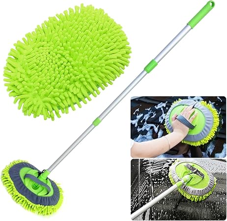 2 in 1 Chenille Microfiber Car Wash Mop Mitt with 46" Aluminum Alloy Long Handle,Car Cleaning Kit Brush Duster,Scratch F