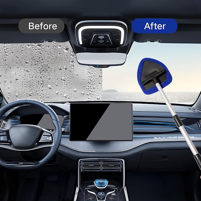 Qydipclin 10pcs Windshield Cleaning Tool Inside Car Window Cleaner Wash Kit with 4 Reusable Microfiber Pads 1 Spray Bottle and Extendable Handle Interior Auto Glass Wiper Kit, Blue
