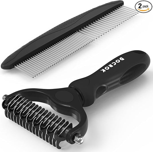 Docrok Pet Grooming Combo: Undercoat Rake, Dematting Deshedding Brush for Long-Haired Dogs and Cats, Black