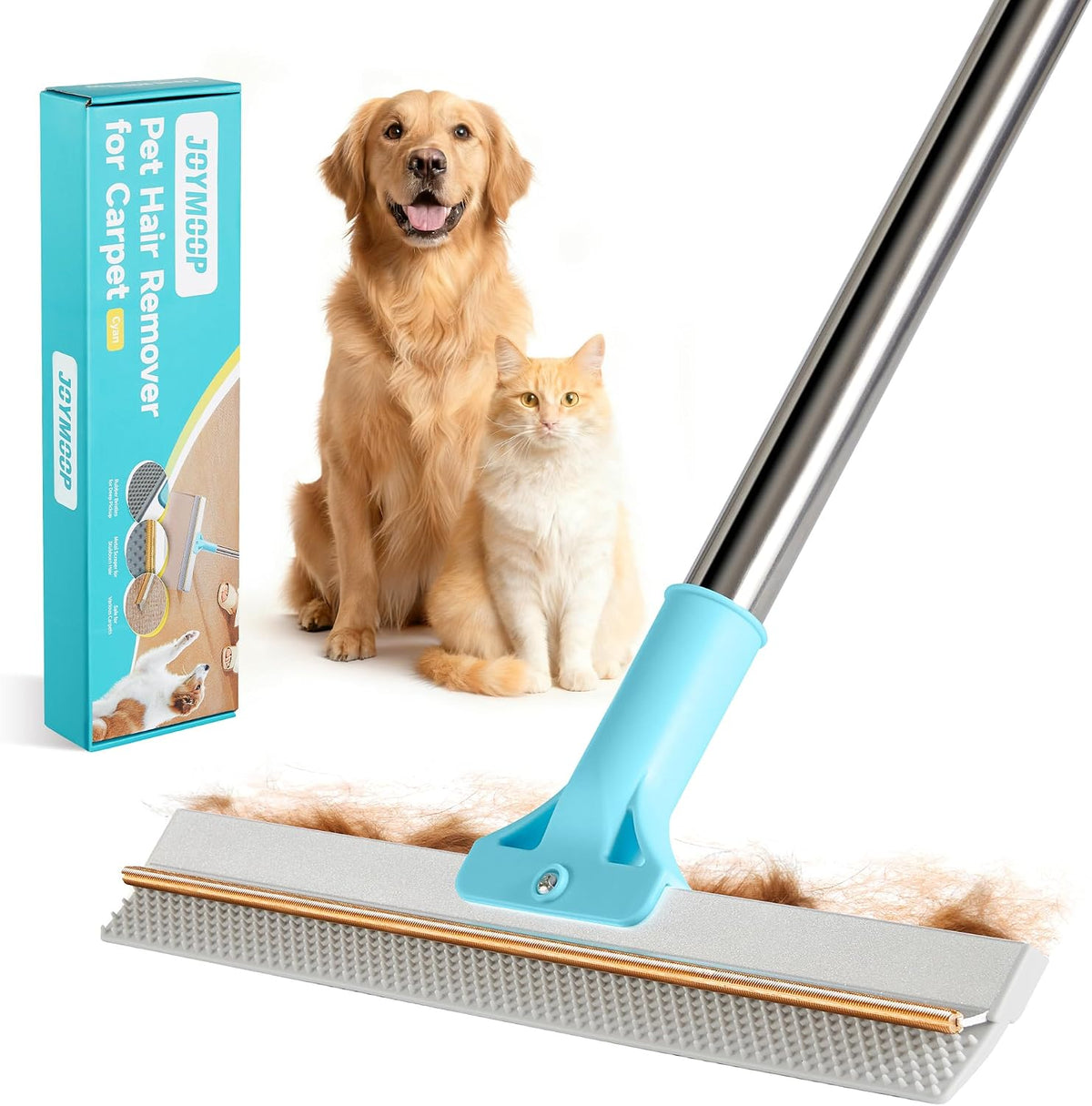 Carpet Rake for Pet Hair Removal, 63" Adjustable Long Handle Pet Hair Remover, Reusable Cat Dog Hair Carpet Rake with Metal and Silicone Scraper for Rug, Sofa, Cloth
