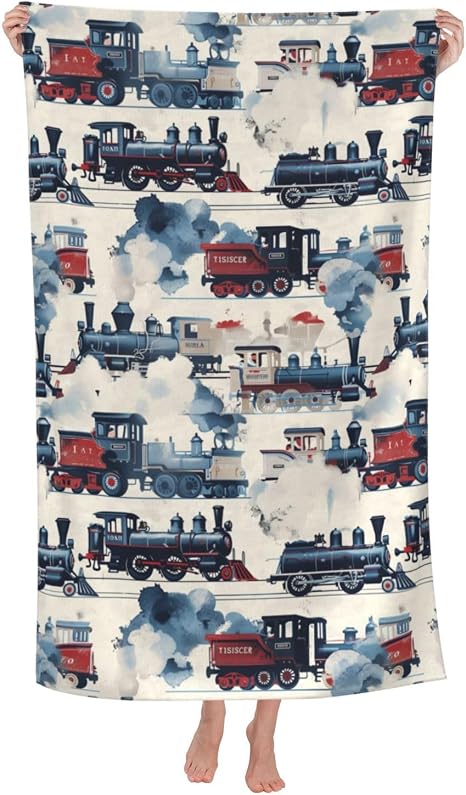 Vintage Steam Train Beach Towel,32x52in Microfiber Quick Dry Retro Locomotive Engine Car Bath Towels,Soft Lightweight Ov