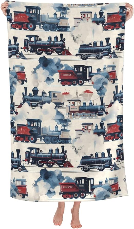 Vintage Steam Train Beach Towel,32x52in Microfiber Quick Dry Retro Locomotive Engine Car Bath Towels,Soft Lightweight Ov