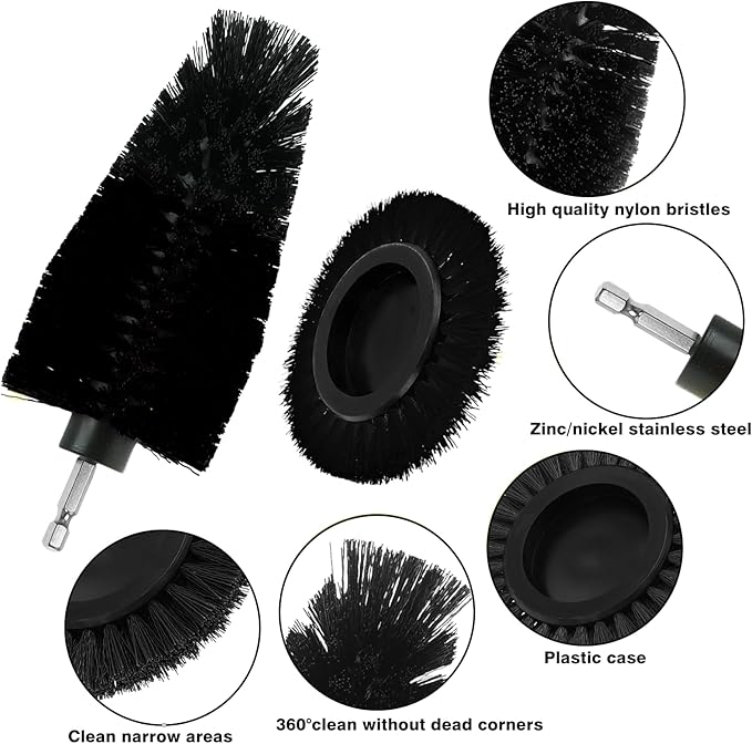 8 Pcs Drill Brush Attachment Set, Power Cleaning Scrub Brush Kit with Extend Long Attachment, All Purpose Drill Scrub Brushes for Car, Grout, Floor, Tub, Bathroom and Kitchen (Black)