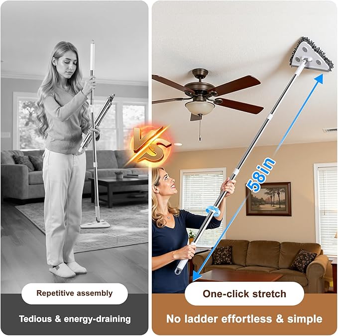 Wall Cleaner Mop with Long Handle, Wall Duster with Extension Pole, Dust Mop with 6 Reusable Pads, 3-in-1 Wall Cleaner for Wall, Ceiling, Window, Baseboard, Floors