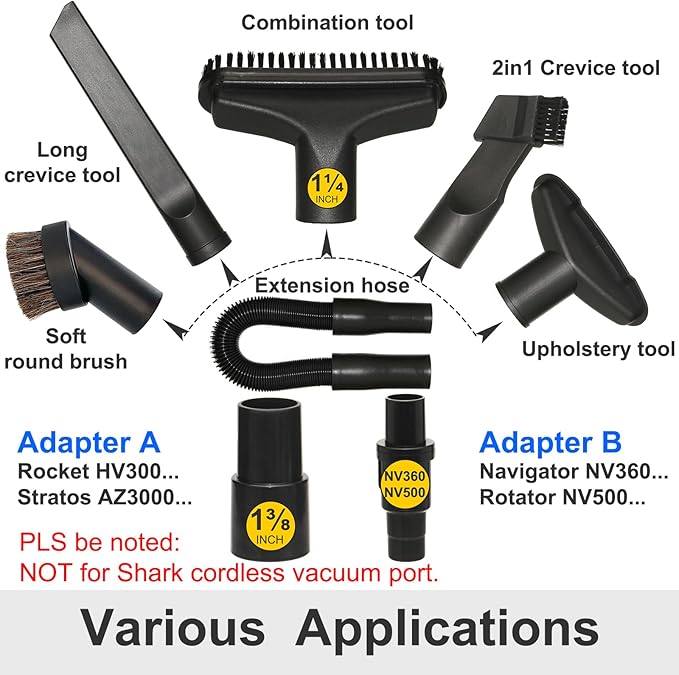 Vacuum Attachments Compatible with Shark Corded Vacuums, Navigator NV350 NV360 Rotator NV501 Rocket HV300 Stratos, 1 1/4" Accessories with Extension Hose Adapters (Car Detailing Kit)