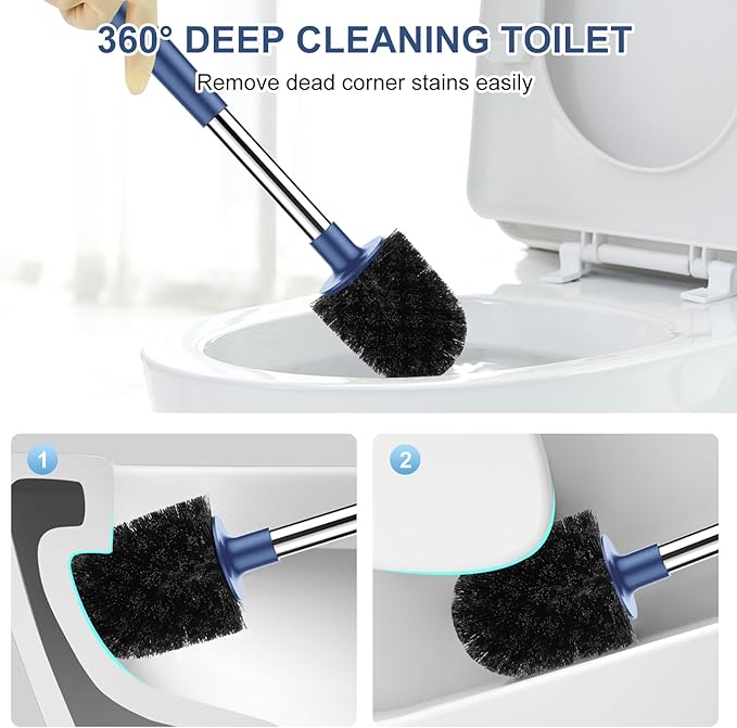 SetSail Toilet Brush and Holder, Self Closing Lid Toilet Bowl Brushes Holder and Extra Long Handle Ventilated Toilet Brush Set for Bathroom Cleaning, Nylon Bristles, 2 Packs-Dark & Blue