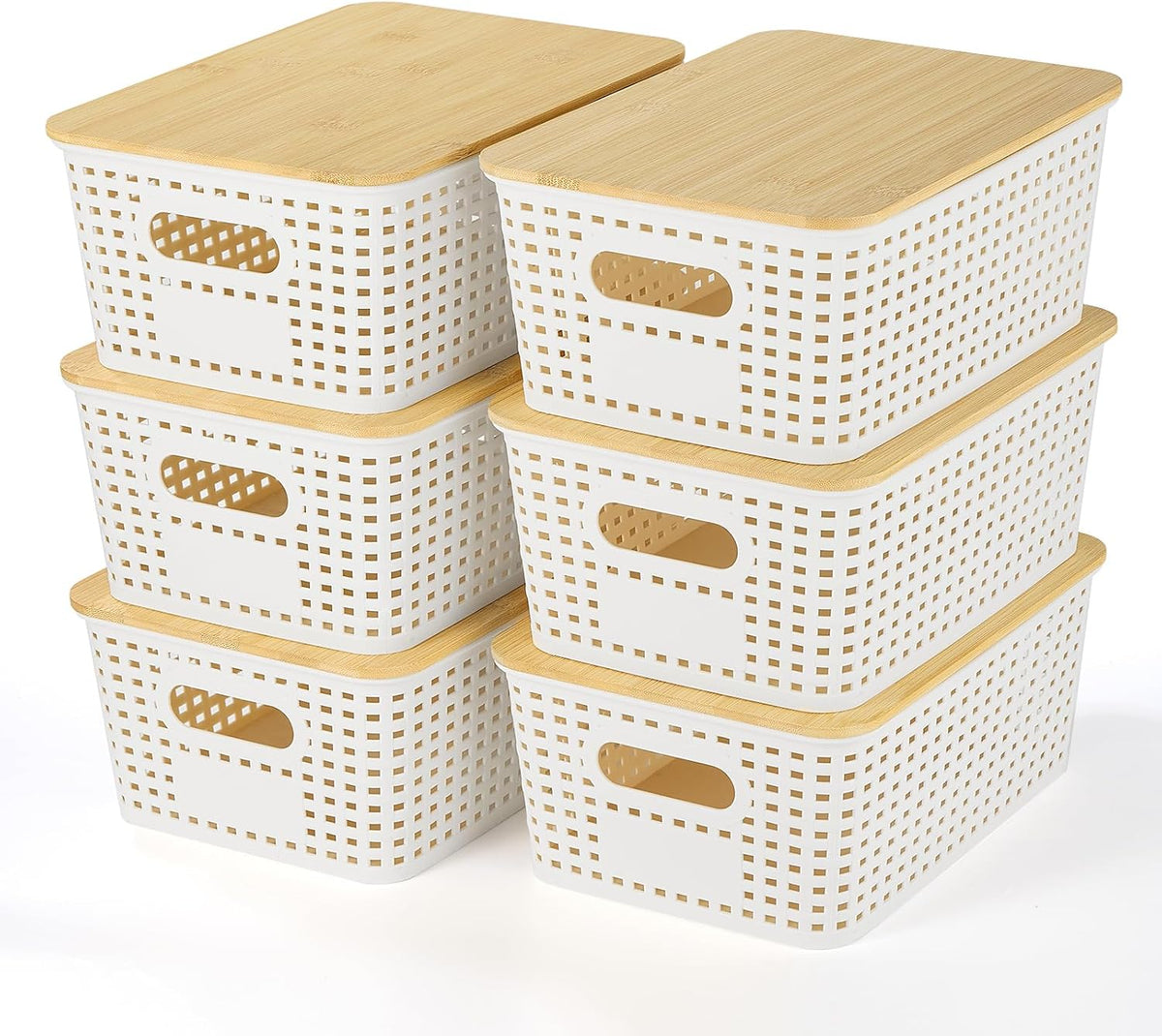 6 Pack Plastic Storage Baskets with Bamboo Lids for Organization