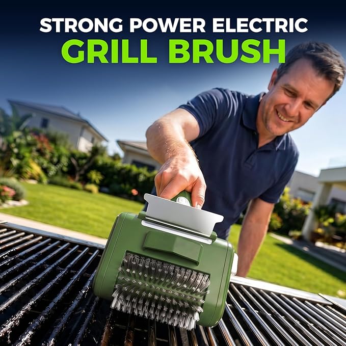 Electric Grill Brush - Heavy Duty Cordless BBQ Grill Cleaning Brush with High Torque, LED Light, Detachable Stainless Steel Head, Support Roller, for Outdoor Cast Iron & Stainless Steel Grates