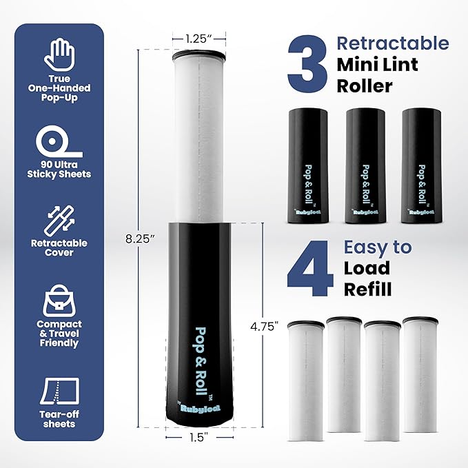 Rubyloo Mini Lint Roller for Pet Hair (3 Pack + 4 Refill Rolls) - Travel Size Sticky Pet Hair Roller with Retractable Cover - Cat & Dog Fur Remover for Clothes