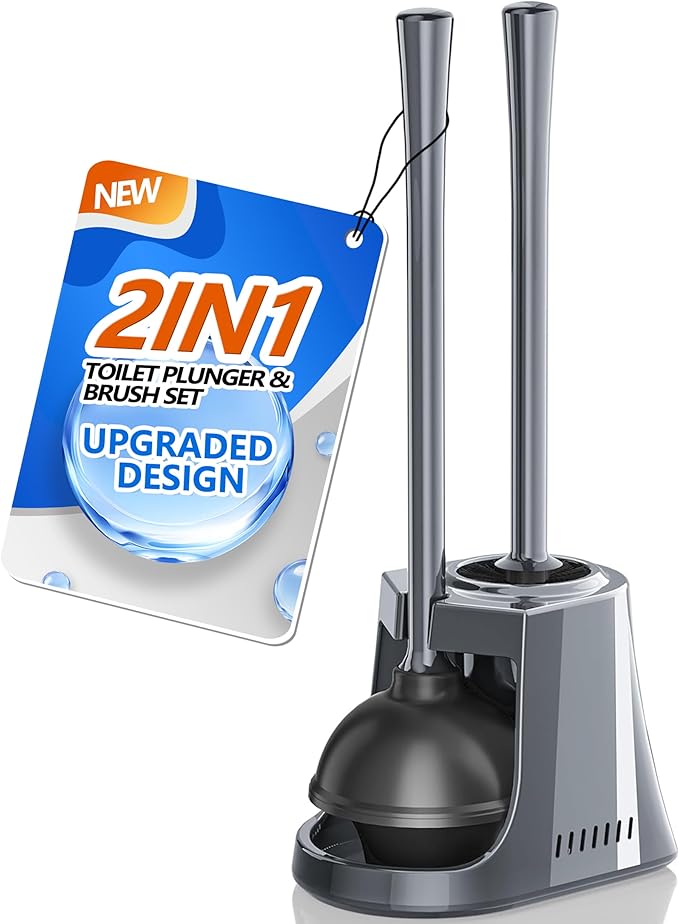 LOVLOY Toilet Plunger and Brush with Holder, Bowl Brush and Heavy Duty Toilet Plunger Set with Ventilated Holder, 2-in-1 Toilet Brush and Plunger Combo for 5.3-inch Toilet Drain New Pack (Grey, 1)