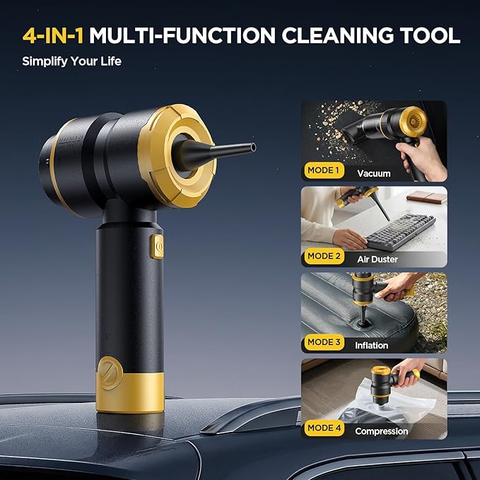 Handheld Car Vacuum Cleaner, 4-in-1 Cordless Rechargeable Mini Vacuum with Air Duster – Quickly Clean Crumbs, Pet Hair & Crevices in Car, Office, Home. Ideal for Commuters & Office Workers (Gold)