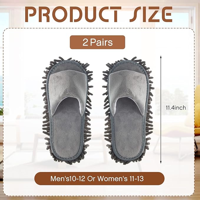 Jecery 2 Pairs Microfiber Cleaning Mop Slippers for Floor Cleaning House Mop Shoes Men and Women Washable Unisex Dusting Slippers Dirt Tool Supplies(Large,Gray)