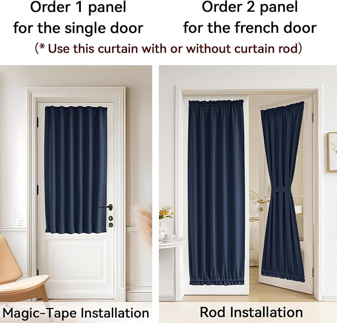 Vatge Privacy French Door Curtain - Thermal Insulated Self Adhesive Blackout Door Curtains with Tieback, 1 Panel, W54 x L40, Navy