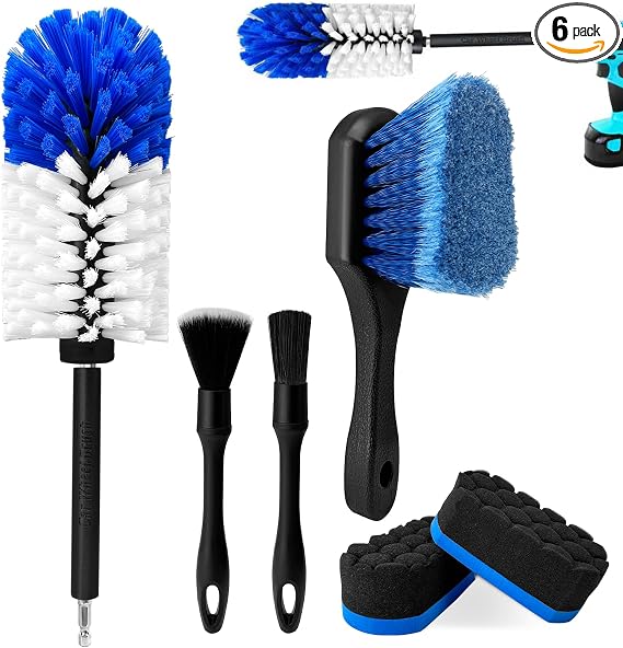 Car Wheel Brush Kit, Soft Drill Wheel Cleaner Brush, Tire Brush, Detailing Brush, and Detailing Pads, No Scratches Car W