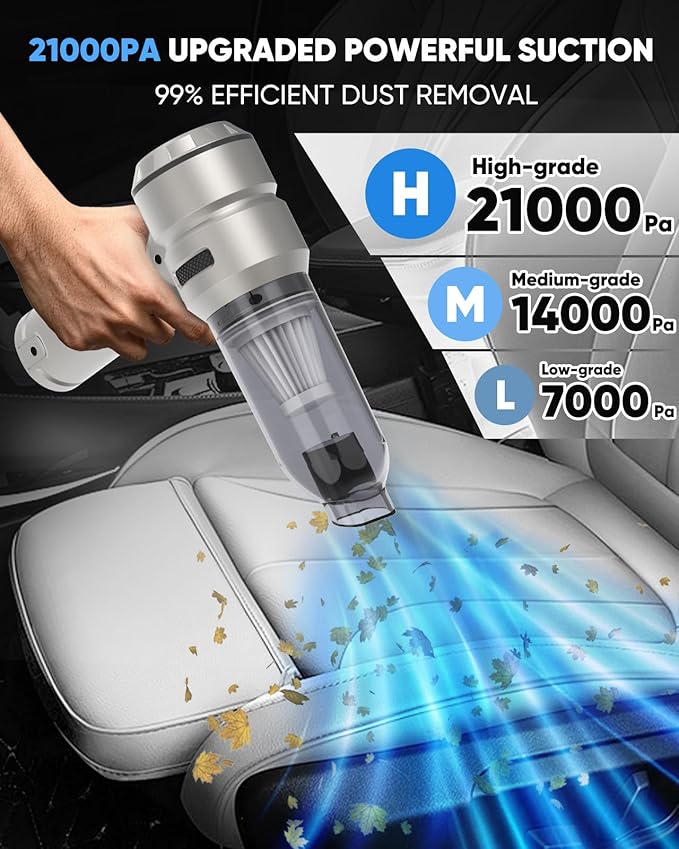 Portable Cordless Car Vacuum Cleaner, 21000Pa Handheld Vacuum with 3 Suction Modes, Type-C Fast Charging, Mini Vacuum for Home, Office, Desk, Keyboard – Bright Silver