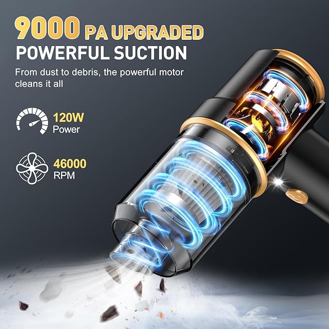KMM Handheld Car Vacuum Cleaner, 9000PA Vacuum Cleaner & Air Duster, 120W High Power Vacuum Portable Cordless, Hand Held Vacuum Rechargeable with Multi-Nozzles & LED Light for Home, Car, Office